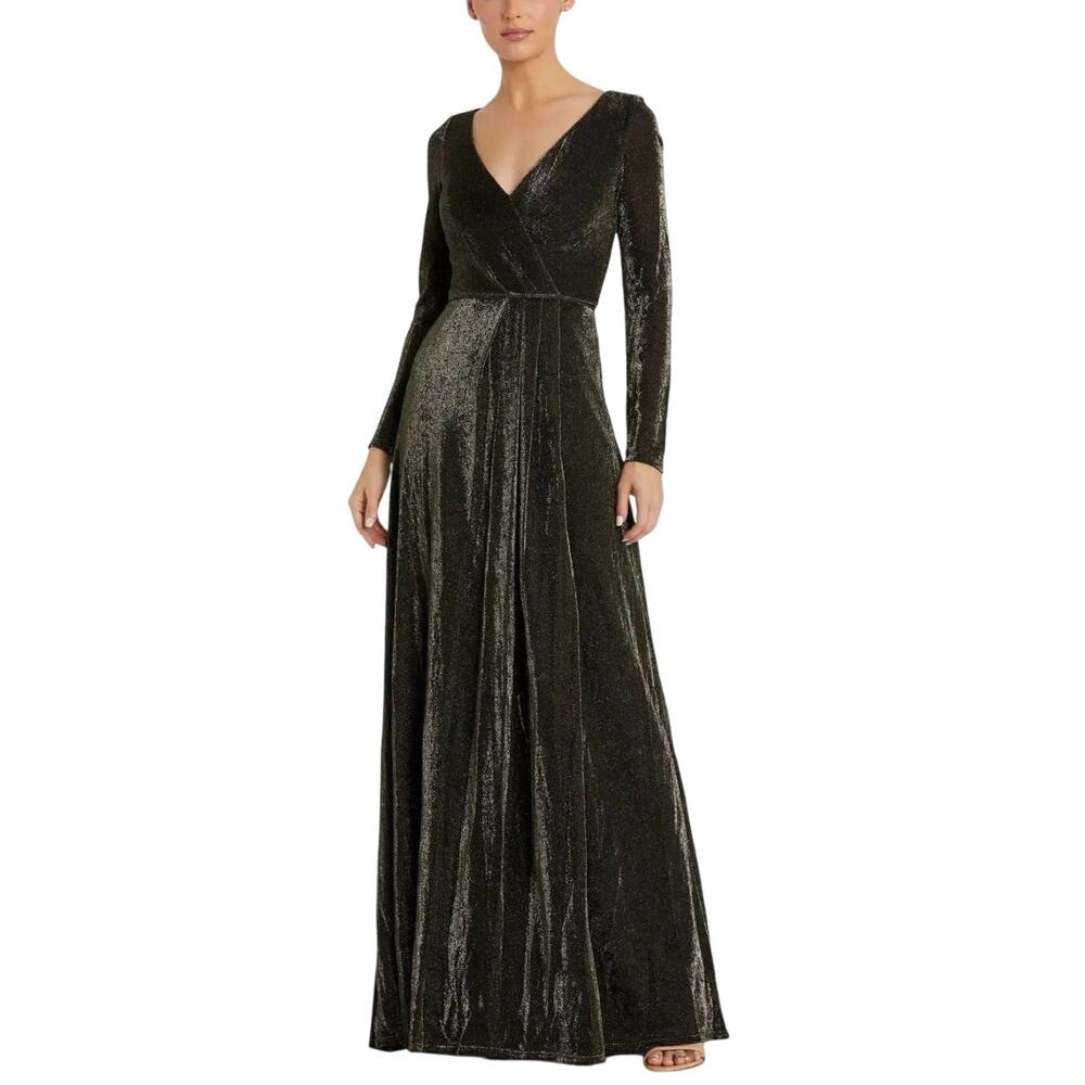 Mac Duggal 49088 Black and Gold Evening Gown Long Sleeve Metallic Dress Size 4